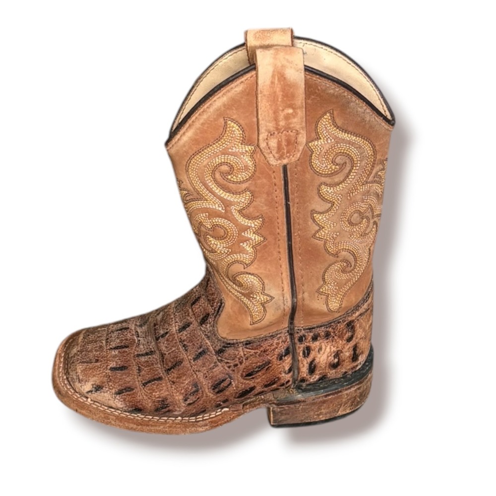 Old West Kids Faux Caiman Western Boots Tan Brown Size 8.5 D Cowboy Ranch
